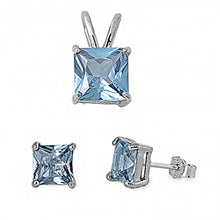 Load image into Gallery viewer, Sterling Silver Classy Princess Cut Aquamarine CZ Stud Earrings and Pendant Set