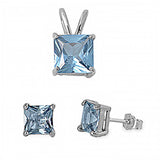 Sterling Silver Classy Princess Cut Aquamarine CZ Stud Earrings and Pendant Set