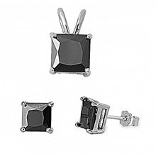 Load image into Gallery viewer, Sterling Silver Classy Princess Cut Black CZ Stud Earrings and Pendant Set