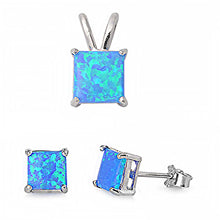 Load image into Gallery viewer, Sterling Silver Classy Princess Cut Blue Lab Opal CZ Stud Earrings and Pendant Set