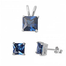 Load image into Gallery viewer, Sterling Silver Classy Princess Cut Blue Sapphire CZ Stud Earrings and Pendant Set