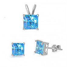 Load image into Gallery viewer, Sterling Silver Classy Princess Cut Blue Topaz CZ Stud Earrings and Pendant Set
