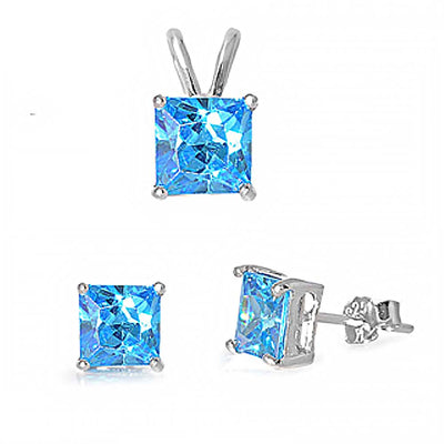 Sterling Silver Classy Princess Cut Blue Topaz CZ Stud Earrings and Pendant Set