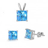 Sterling Silver Classy Princess Cut Blue Topaz CZ Stud Earrings and Pendant Set