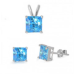 Sterling Silver Classy Princess Cut Blue Topaz CZ Stud Earrings and Pendant Set