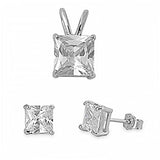 Sterling Silver Classy Princess Cut Clear CZ Stud Earrings and Pendant Set