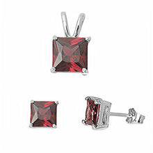 Load image into Gallery viewer, Sterling Silver Classy Princess Cut Garnet CZ Stud Earrings and Pendant Set
