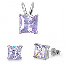 Load image into Gallery viewer, Sterling Silver Classy Princess Cut Lavender  CZ Stud Earrings and Pendant Set