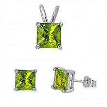 Load image into Gallery viewer, Sterling Silver Classy Princess Cut Peridot CZ Stud Earrings and Pendant Set