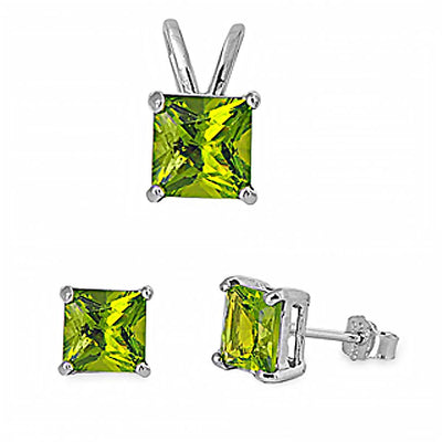 Sterling Silver Classy Princess Cut Peridot CZ Stud Earrings and Pendant Set