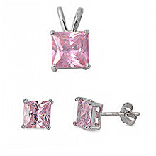 Load image into Gallery viewer, Sterling Silver Classy Pink Princess Cut   CZ Stud Earrings and Pendant Set