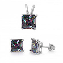 Load image into Gallery viewer, Sterling Silver Classy Princess Cut Rainbow Topaz CZ Stud Earrings and Pendant Set