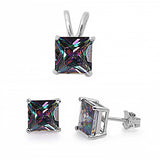 Sterling Silver Classy Princess Cut Rainbow Topaz CZ Stud Earrings and Pendant Set