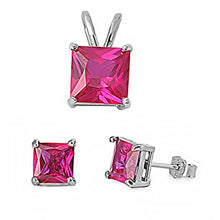 Load image into Gallery viewer, Sterling Silver Classy Princess Cut Ruby CZ Stud Earrings and Pendant Set