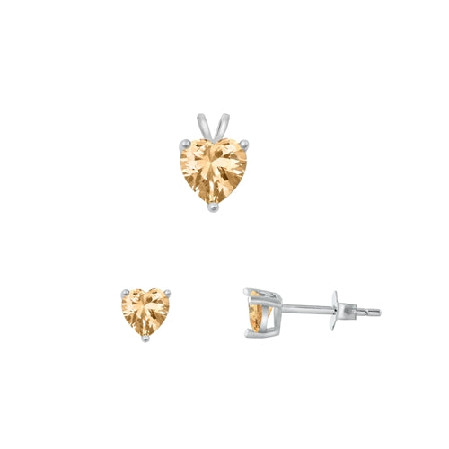 Sterling Silver Rhodium Plated Heart Solitaire Champagnge CZ Set