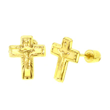 Load image into Gallery viewer, 14K Yellow Gold Diamond Cut Crucifix Cross Stud Earrings With Screw Back