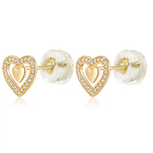 Load image into Gallery viewer, 14K Yellow Gold Micro Pave CZ Double Heart Stud Earrings With Silicone Backing