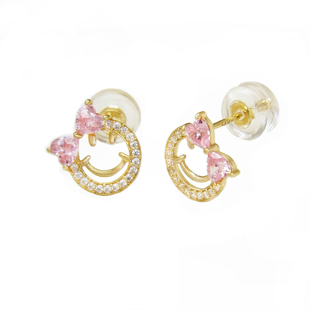 14K Yellow Gold Smile Emoji Girl With Silicone Back Stud Earrings