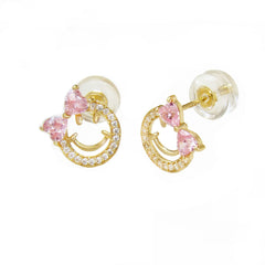 14K Yellow Gold Smile Emoji Girl With Silicone Back Stud Earrings