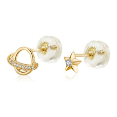 14K Yellow Gold Micro Pave CZ Globe Star Stud Earrings With Silicone Backing