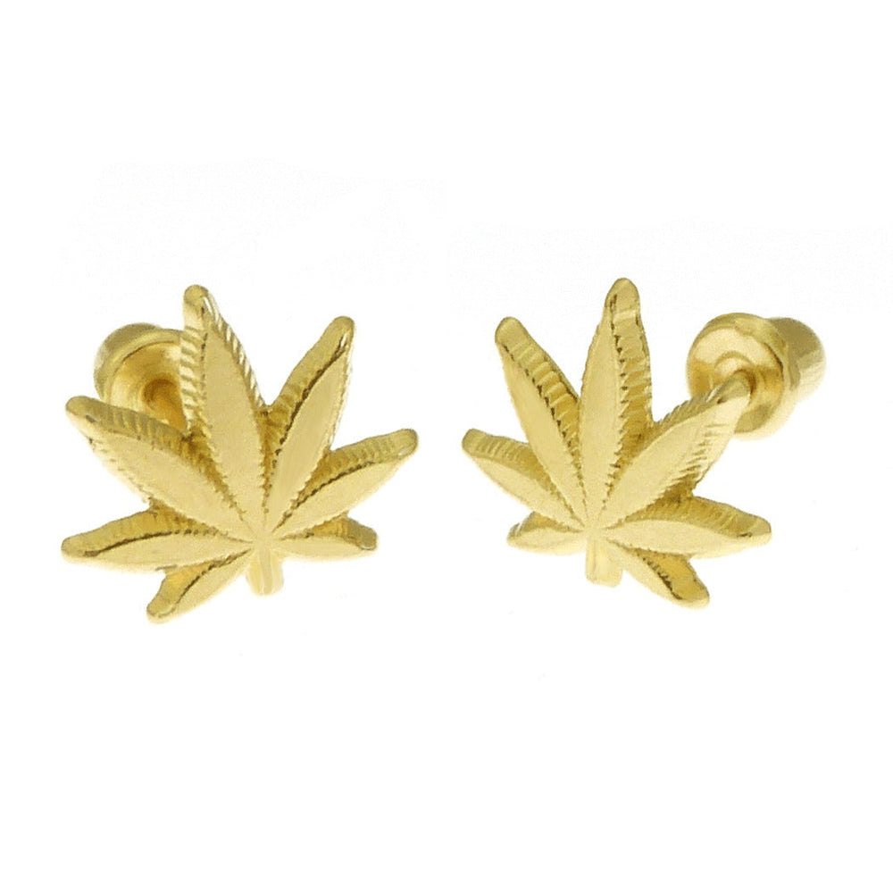14K Yellow Gold Leaf Stud Earrings With Screw Back