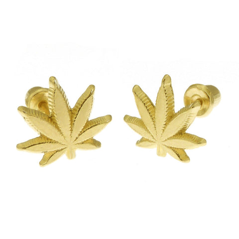 14K Yellow Gold Leaf Stud Earrings With Screw Back