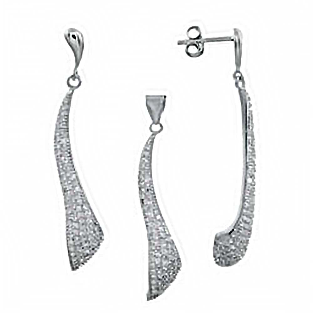 Sterling Silver Micro Pave Cz Earrings and Pendant Set with Earring Dimension of 8MMx50.8MM and Pendant Dimension of 47.63MM