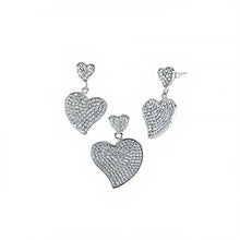 Load image into Gallery viewer, Sterling Silver Micro Pave Clear CZ Heart Pendant and Earrings Set with Pendant Dimensions of 22.5MMx31.75MM and Earring Dimensions of 16MMx25.4MM