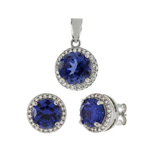 Load image into Gallery viewer, Sterling Silver Simulated Tanzanite and CZ Halo Earrings Pendant Set