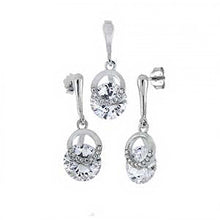 Load image into Gallery viewer, Sterling Silver Round Shaped Earrings And Pendant Set With CZ StonesAnd Pendant Length 7/8 inchesAnd Earring Length 1 inchAnd Diameter 9mm