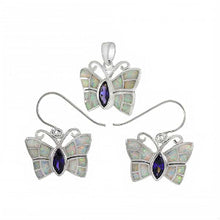 Load image into Gallery viewer, Sterling Silver Simulated White Opal Butterfly Shaped Earrings And Pendant Set With Amethyst CZAnd Pendant Length 7/8 inchAnd Earring Length 1 inchAnd Width 21.2 mm
