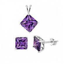 Load image into Gallery viewer, Stylish Sterling Silver Amethyst Princess Cut CZ Earrings and Pendant SetAnd Pendant CZ Size of 7MM and Earrings CZ Size of 6MM