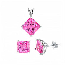 Load image into Gallery viewer, Stylish Sterling Silver Pink Princess Cut CZ Earrings and Pendant SetAnd Pendant CZ Size of 7MM and Earrings CZ Size of 6MM