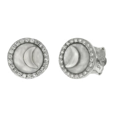 Sterling Silver Crescent Moon On Pearl Shell With CZ Stud Earrings