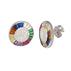 Sterling Silver Multi Color Baguette and Pave CZ Circle Rhodium Earrings