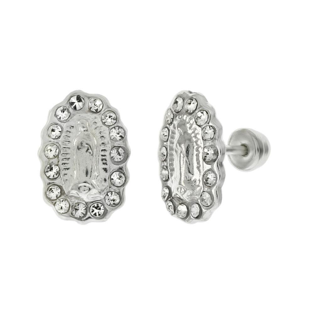 Sterling Silver Lady of Guadalupe Screw Back With Rainbow Crystal Stud Earrings