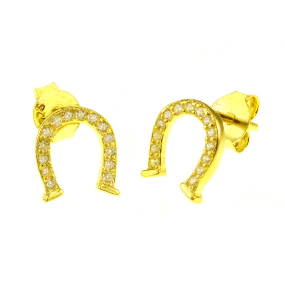 Sterling Silver Cubic Zirconia Horseshoe Gold Plated Stud Earrings