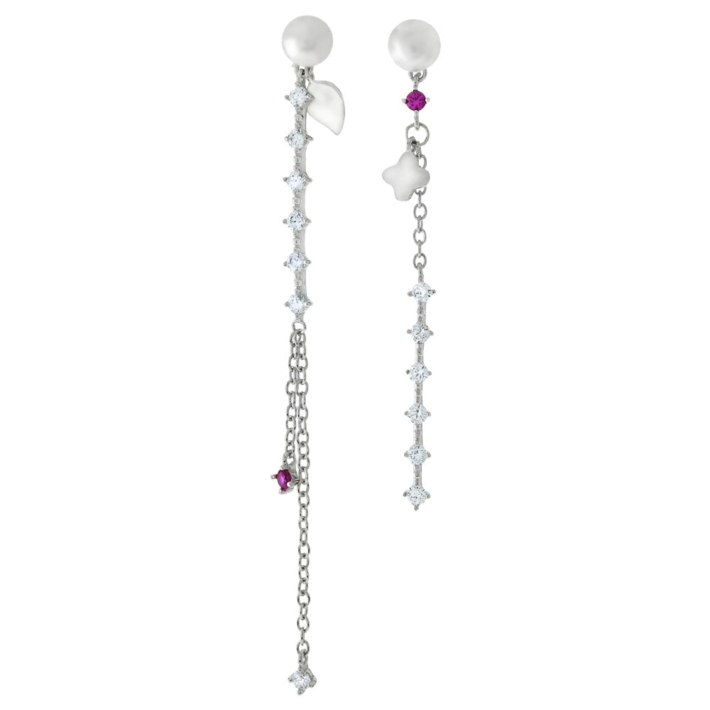 Sterling Silver Freshwater Pearl With Cubic Zirconia Mismatched Dangle