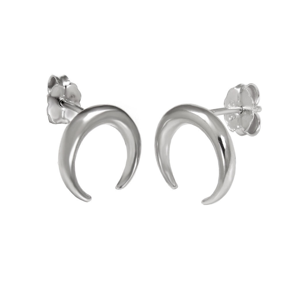 Sterling Silver Crescent Moon Rhodium Stud Earrings