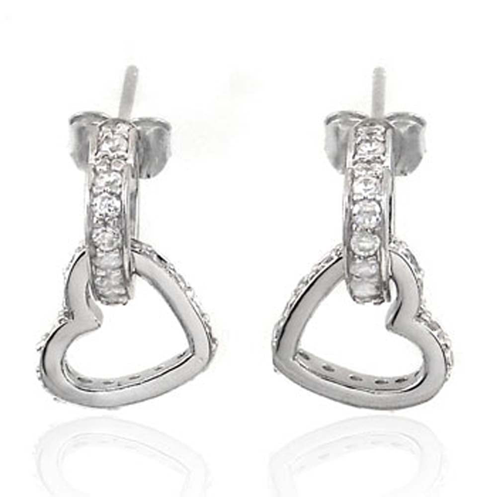 Sterling Silver Rhodium Plated Open Heart Dangle earrings with Clear CzAnd Earring Dimension of 12MMx19.05MM