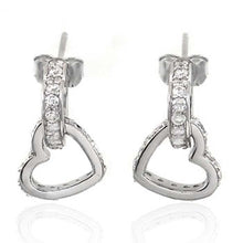 Load image into Gallery viewer, Sterling Silver Rhodium Plated Open Heart Dangle earrings with Clear CzAnd Earring Dimension of 12MMx19.05MM