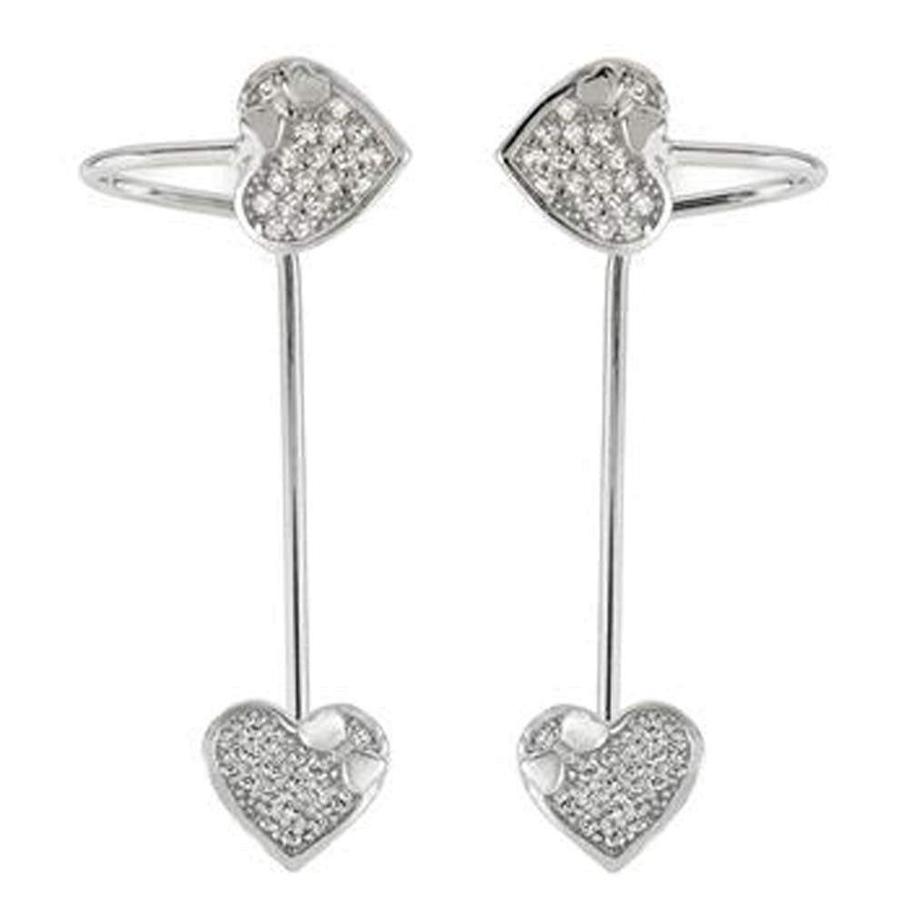 Sterling Silver Clear Cz 2 Hearts Ear Cuff Earrings with Earring Length of 25.4MM