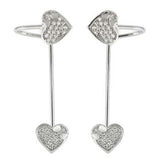 Sterling Silver Clear Cz 2 Hearts Ear Cuff Earrings with Earring Length of 25.4MM