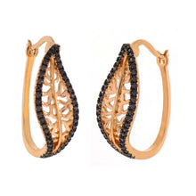 Load image into Gallery viewer, Sterling Silver Rose Gold Plated Leaf Hoop Earring With Chocolate CZAnd Length 1 inchAnd Width 8.6mm