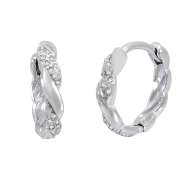 Sterling Silver Rhodium Twisted CZ Huggie Hoop Earrings Width-2.8mm, Diameter-13.5mm