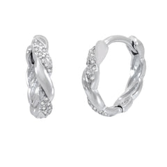 Sterling Silver Rhodium Twisted CZ Huggie Hoop Earrings Width-2.8mm, Diameter-13.5mm