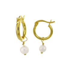 Load image into Gallery viewer, Sterling Silver Gold Plated Fresh Water Pearl Hoop Earrings Width-6mm, Diameter-13.5mm