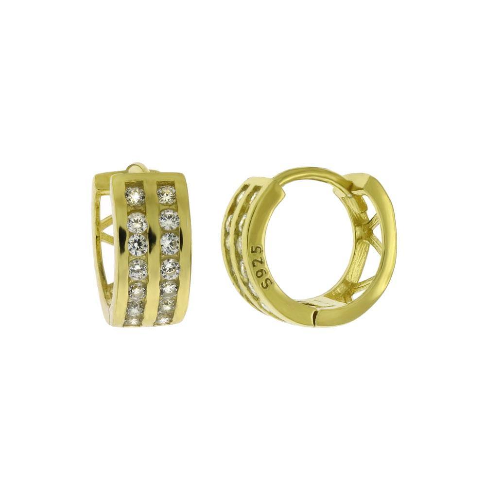 Sterling Silver 2 Lines Cubic Zirconia Gold Plated Huggie Hoop Earrings