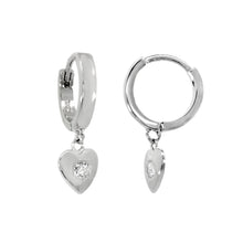 Load image into Gallery viewer, Sterling Silver Rhodium Dangle Heart With CZ Huggie Hoop Earrings Width-2.5mm, Height-7/8inch, Diameter-13mm