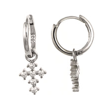 Load image into Gallery viewer, Sterling Silver CZ Cross With Huggie Rhodium Hoop Earrings